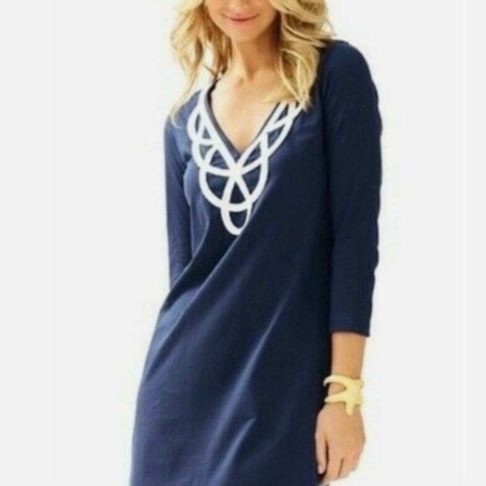 Lilly Pulitzer Blaire V-Neck A-Line Navy Long 3/4 Sleeve Dress White Trim Size L
